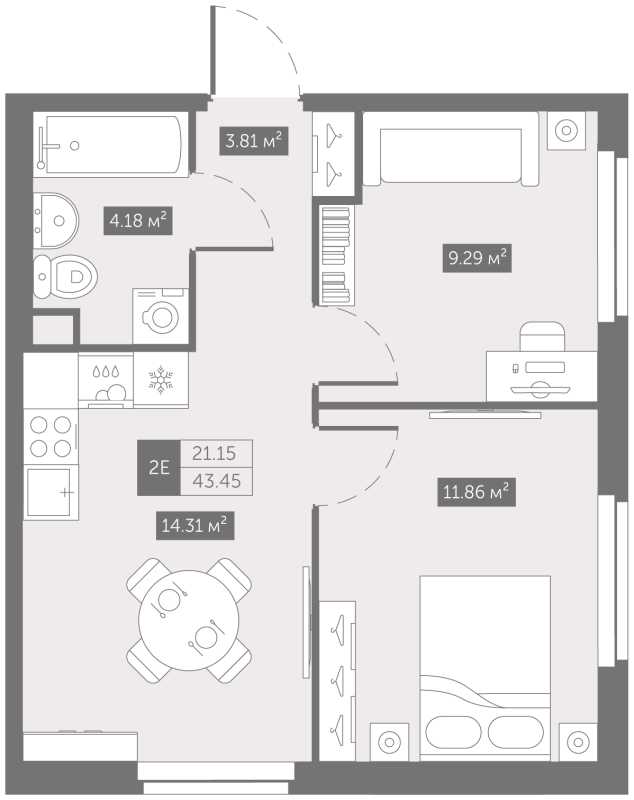 2 ккв 43,5 м²