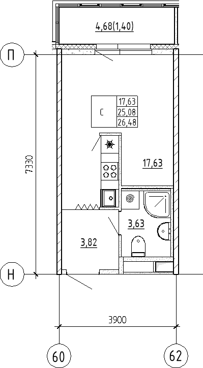 Студия 26,5 м²