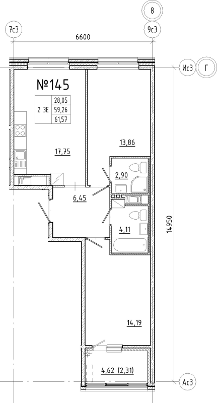 3 ккв (Евро) 61,6 м²