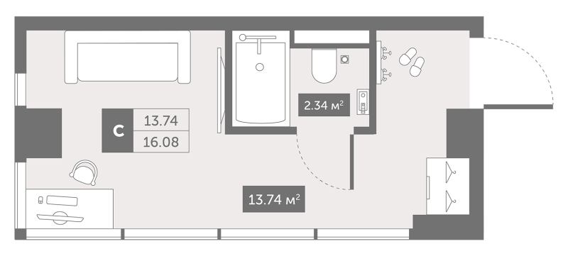 Студия 16,9 м²