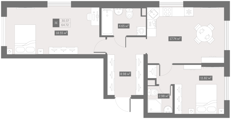 3 ккв (Евро) 64,7 м²
