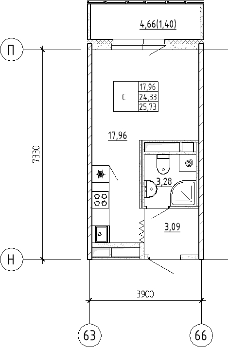 Студия 25,7 м²