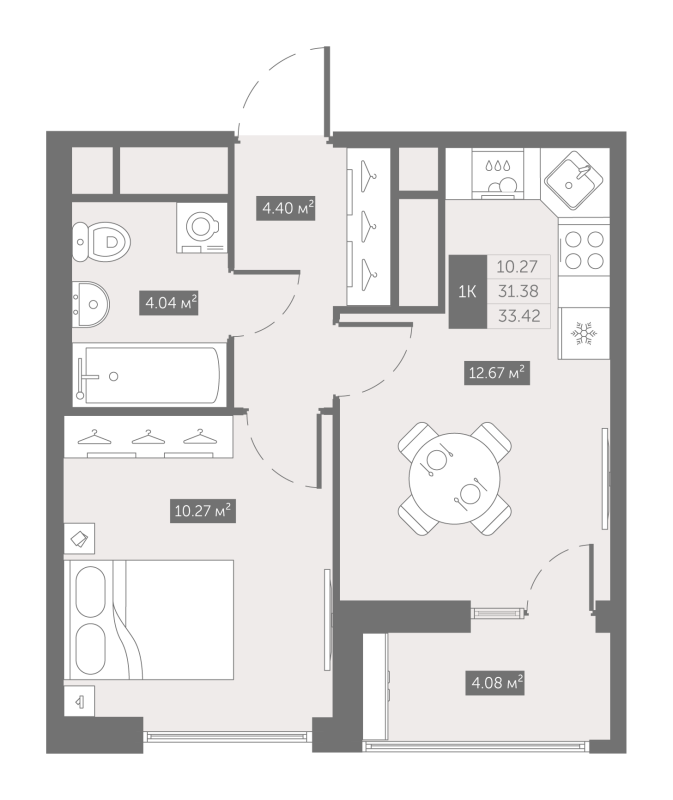 1 ккв 33,4 м²