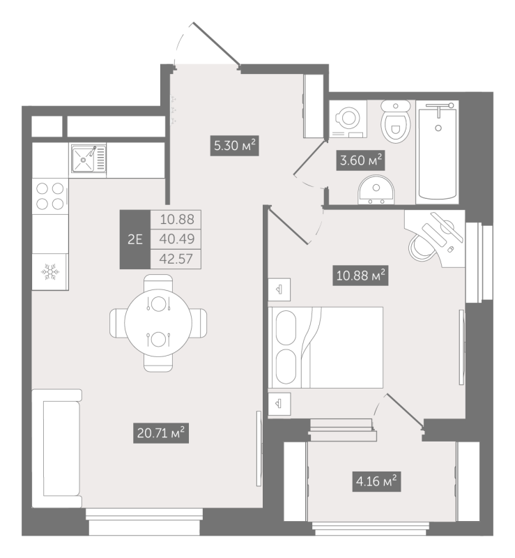 2 ккв (Евро) 42,6 м²