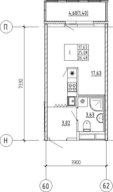 Студия 26,5 м²