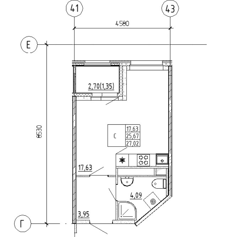 Студия 27 м²