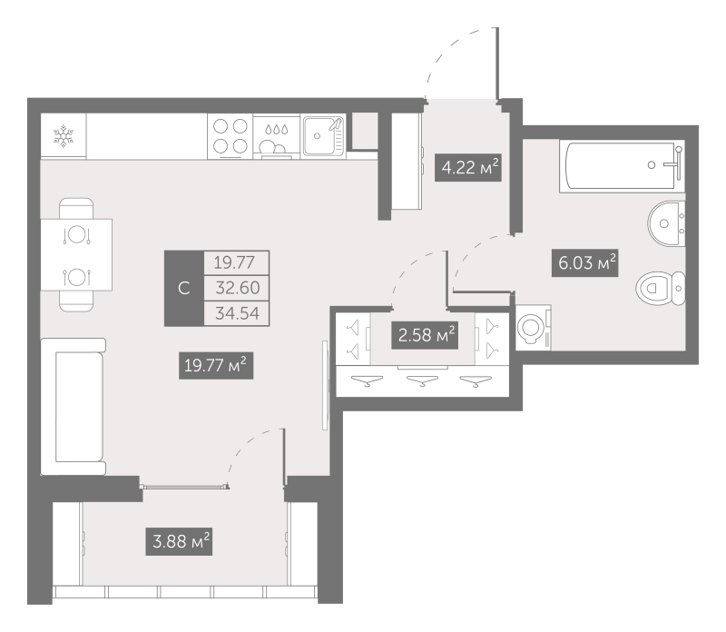 Студия 34,7 м²