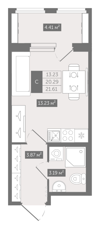 Студия 21,6 м²