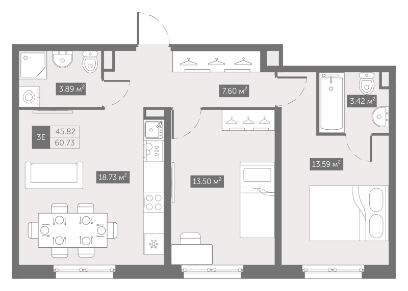 3 ккв (Евро) 60,7 м²