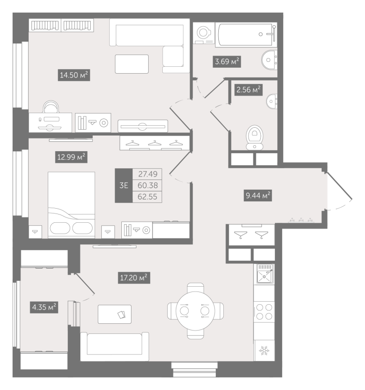 3 ккв (Евро) 62,6 м²