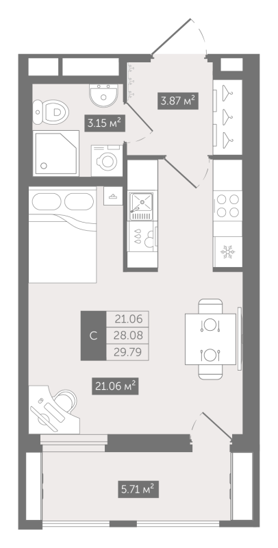 Студия 29,8 м²