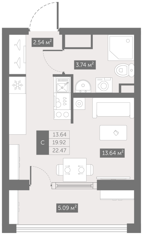 Студия 22,5 м²