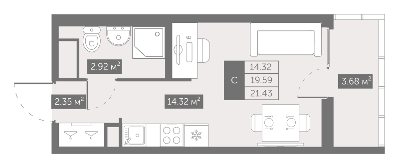 Студия 21,6 м²