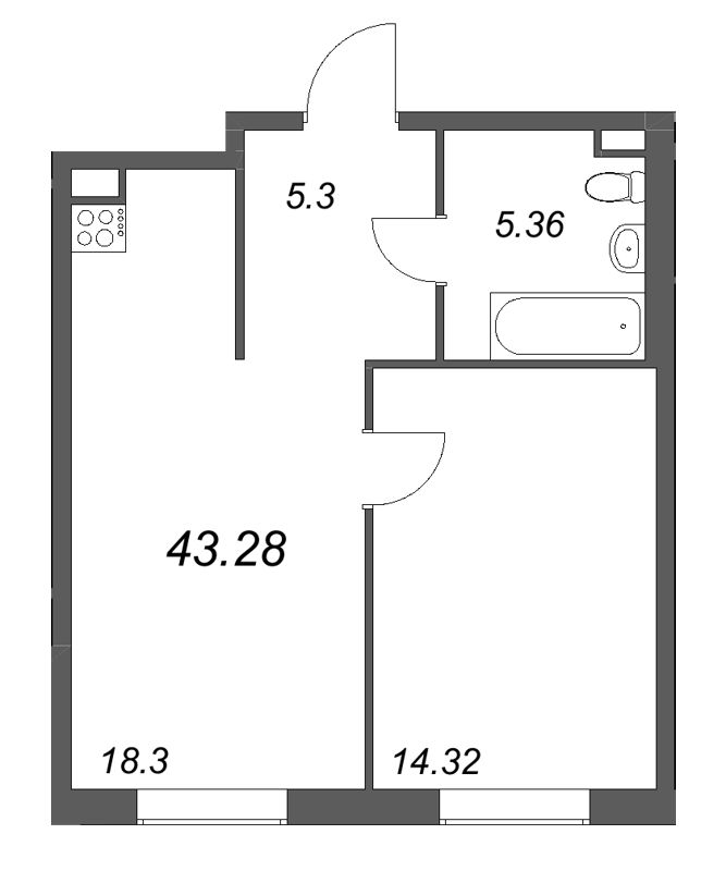1 ккв 43,3 м²