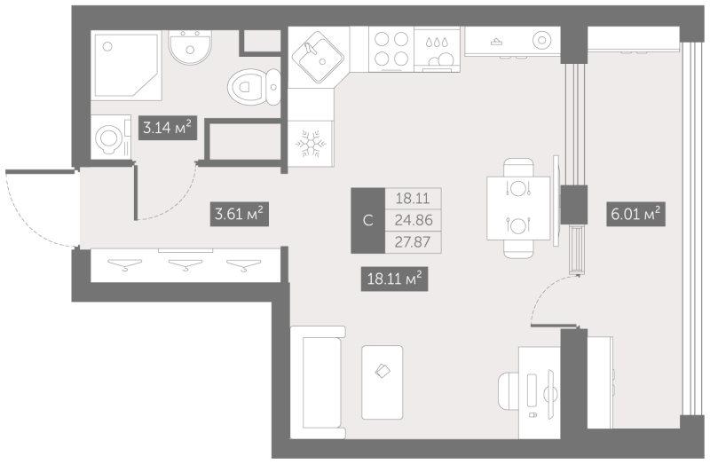 Студия 27,9 м²