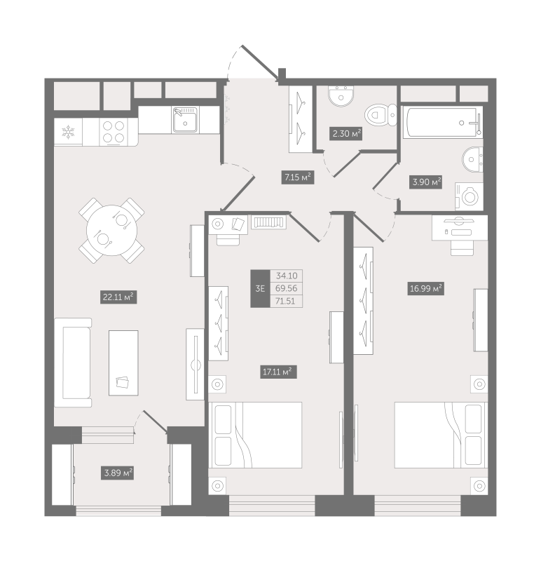 3 ккв (Евро) 71,5 м²