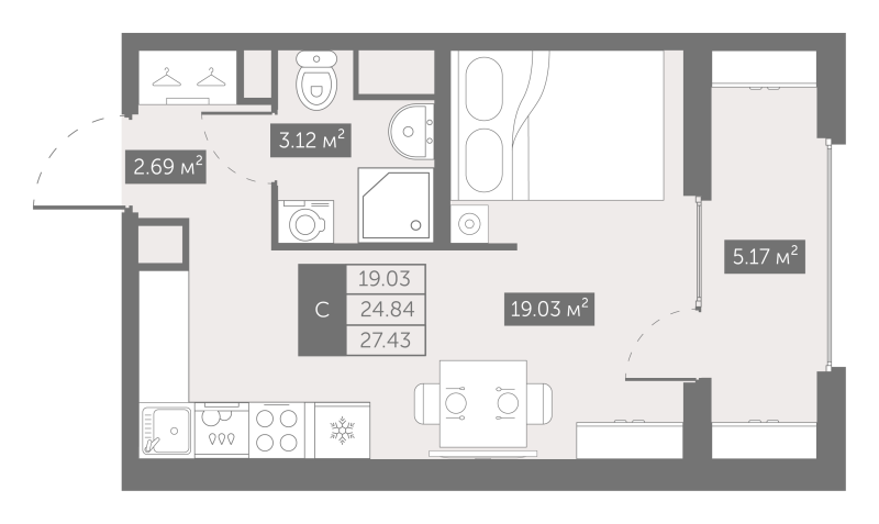 Студия 27,4 м²