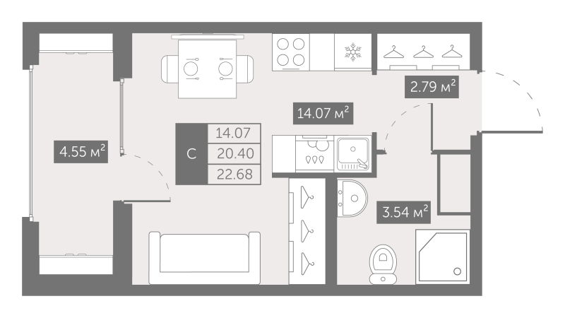 Студия 22,7 м²