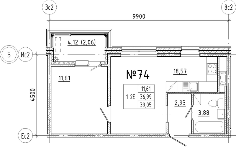 2 ккв (Евро) 39,1 м²