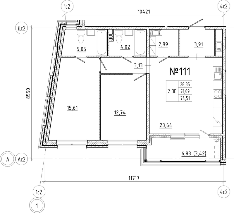 3 ккв (Евро) 74,5 м²