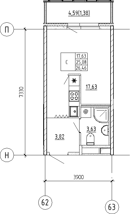 Студия 26,5 м²