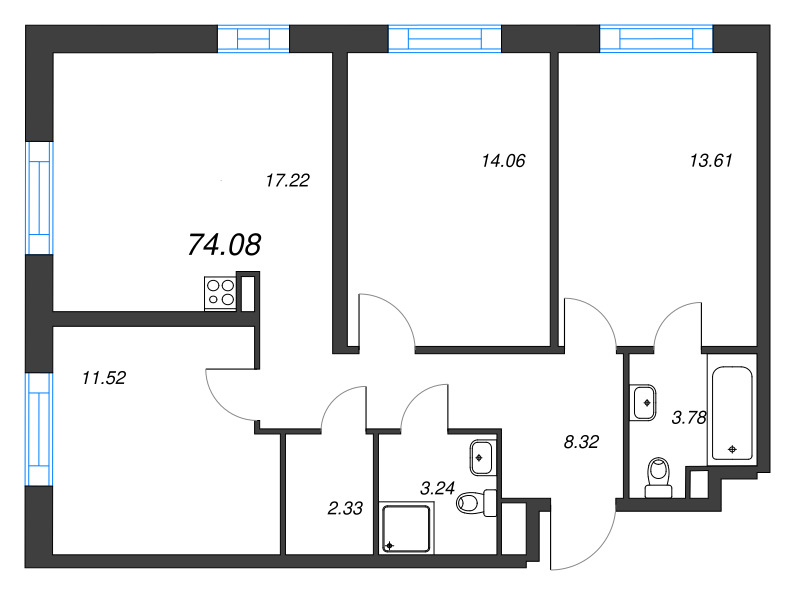 4 ккв (Евро) 74,3 м²