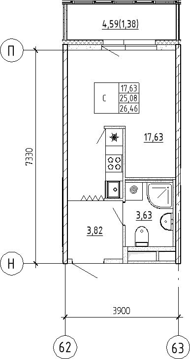 Студия 26,5 м²