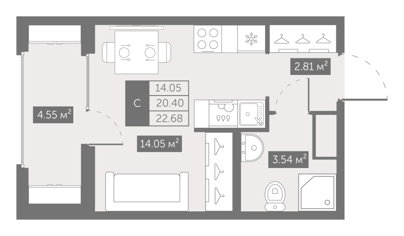 Студия 22,7 м²