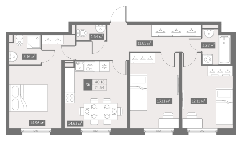 3 ккв 74,5 м²