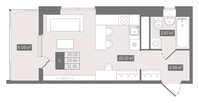 Студия 31,7 м²