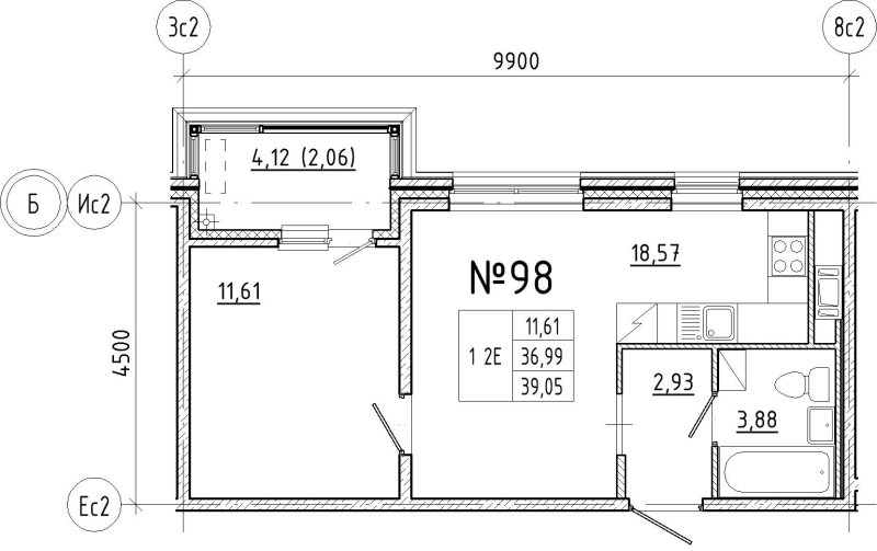 2 ккв (Евро) 39,1 м²