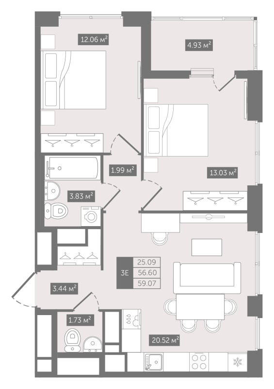 3 ккв (Евро) 59,1 м²
