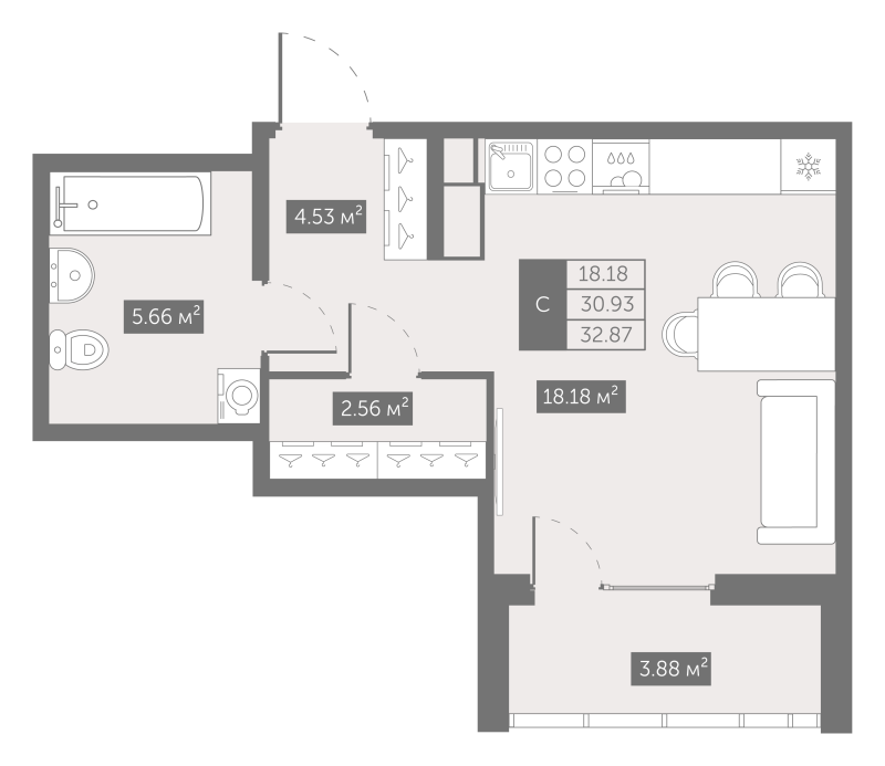 Студия 33 м²