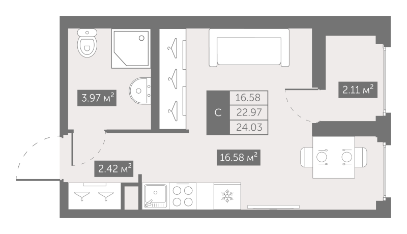 Студия 24 м²