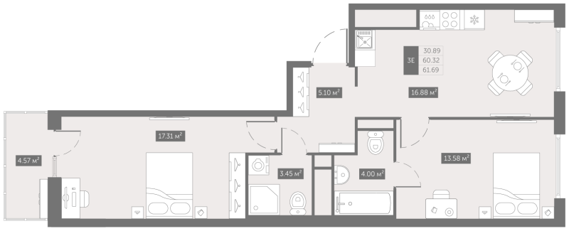 3 ккв (Евро) 61,6 м²