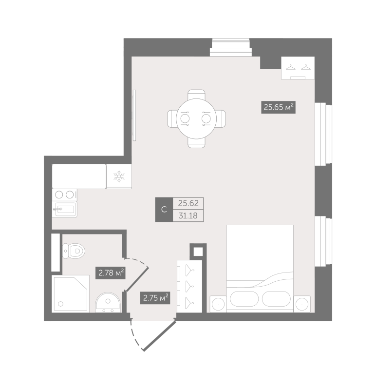 Студия 32 м²