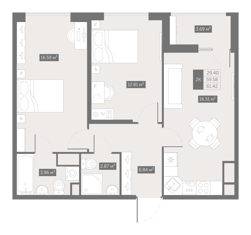 3 ккв (Евро) 61,8 м²