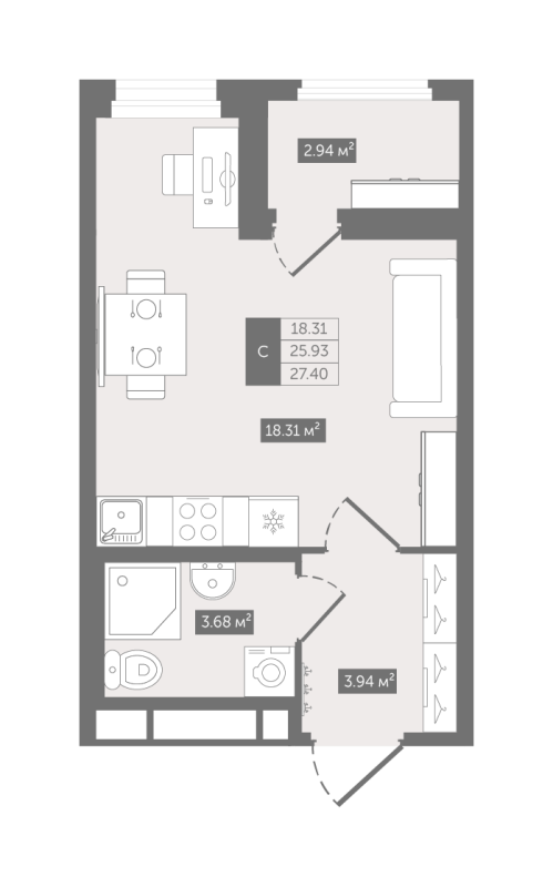Студия 27,4 м²