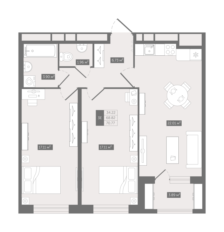 3 ккв (Евро) 70,8 м²