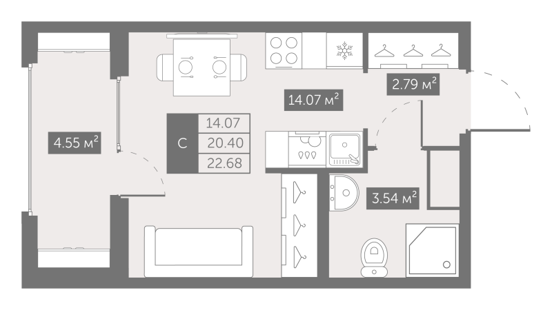 Студия 22,7 м²