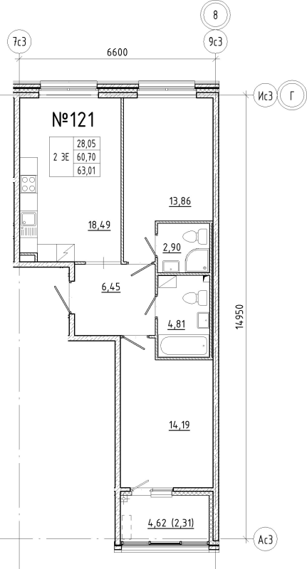 3 ккв (Евро) 63 м²