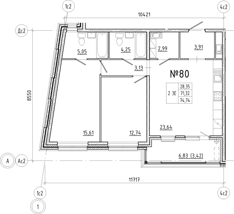 3 ккв (Евро) 74,7 м²