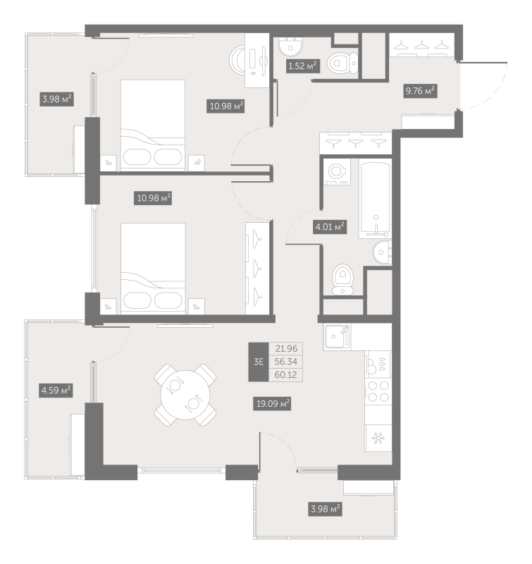 3 ккв (Евро) 60,3 м²