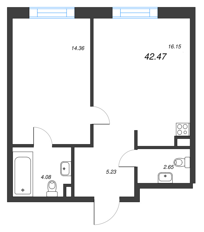 2 ккв (Евро) 42,9 м²