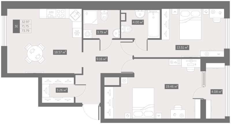3 ккв (Евро) 73,8 м²