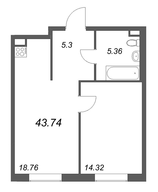 1 ккв 43,7 м²