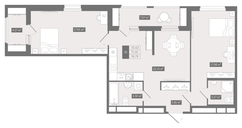 3 ккв (Евро) 76,8 м²