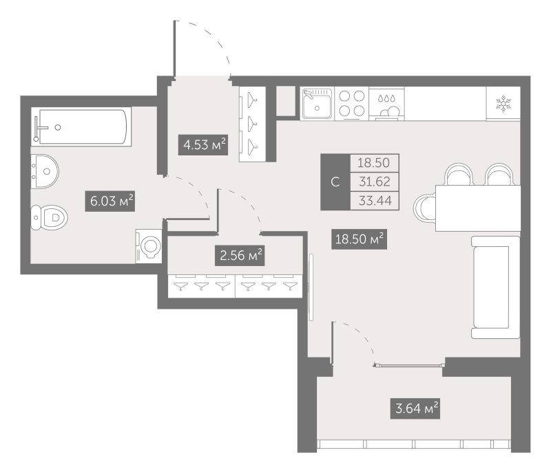 Студия 33,6 м²