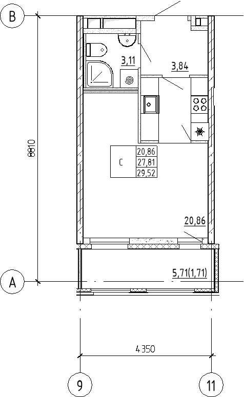 Студия 29,5 м²