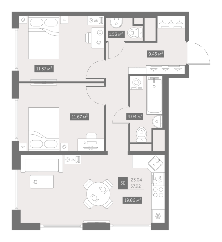 3 ккв (Евро) 58,2 м²